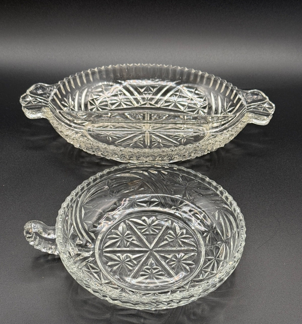 ⭐ Vintage Anchor Hocking Stars & Bars Relish Dish & Nappy Pressed Glass